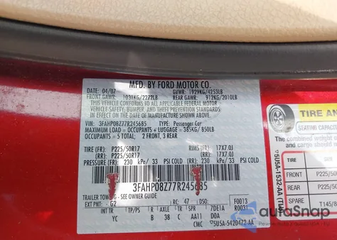 2007 Ford Fusion Sel из США, поврежденный, VIN 3FAHP08Z77R245685